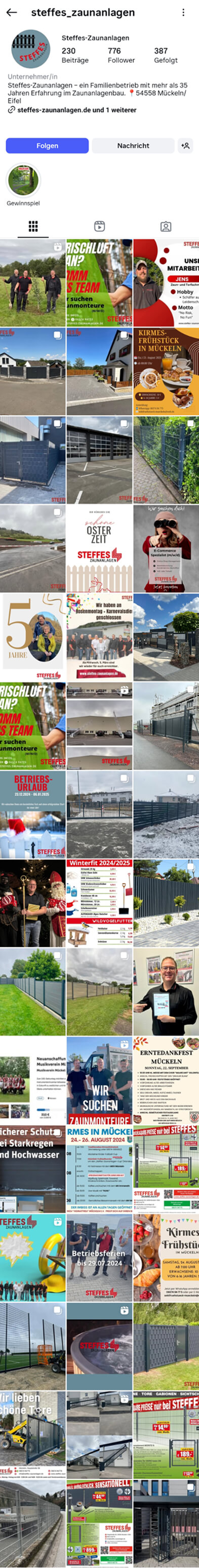 Instagram Auftritt von Steffes Zaunanlagen