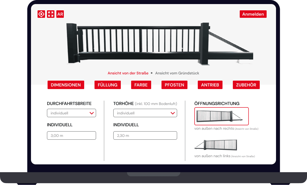 Beispiel des Torkonfigurators mit einem schwarzen Schiebetor